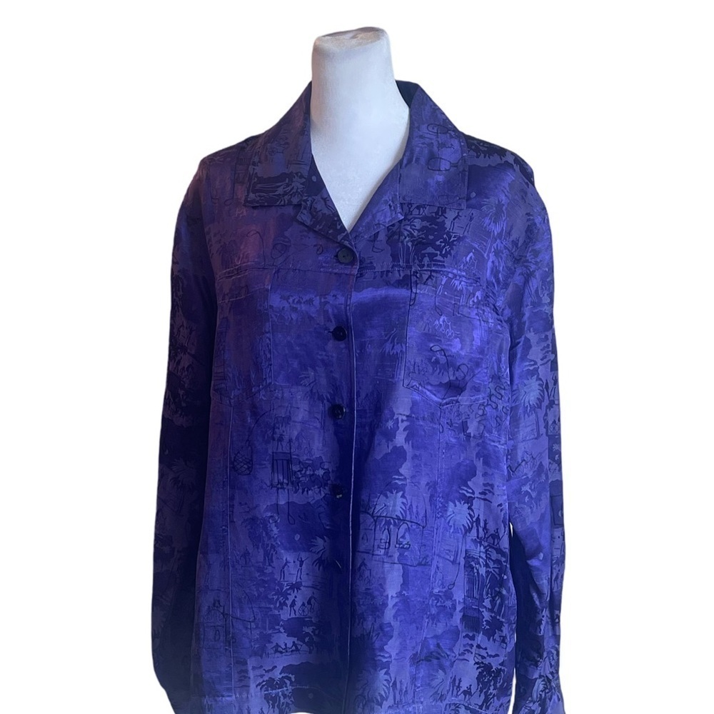 Chico’s Beautifully Patterned Silky Long Sleeve Blouse Purple And Black Size M